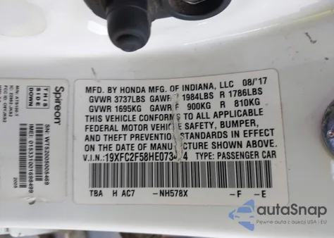 2017 Honda Civic Lx from USA, damaged, VIN 19XFC2F58HE073474